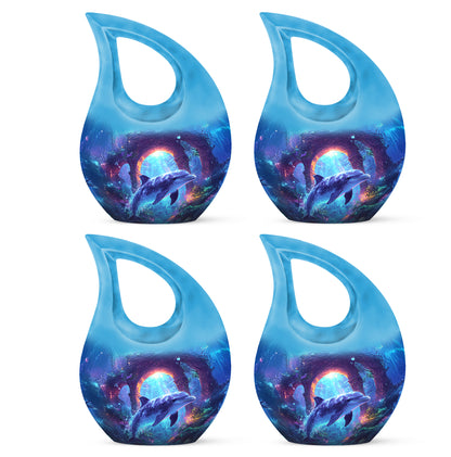 Indigo Dolphin Cremation Urn lifestyle display on memorial shelf - cross and dolphin combined in spiritual memorial design - 10 inch aluminum urn for cremated remains