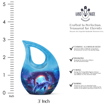 Serene Blue Dolphin Cremation Urn back view with polished surface - faith-inspired cross-drop urn with dolphin pattern - mini keepsake memorial for portion of cremation ashes