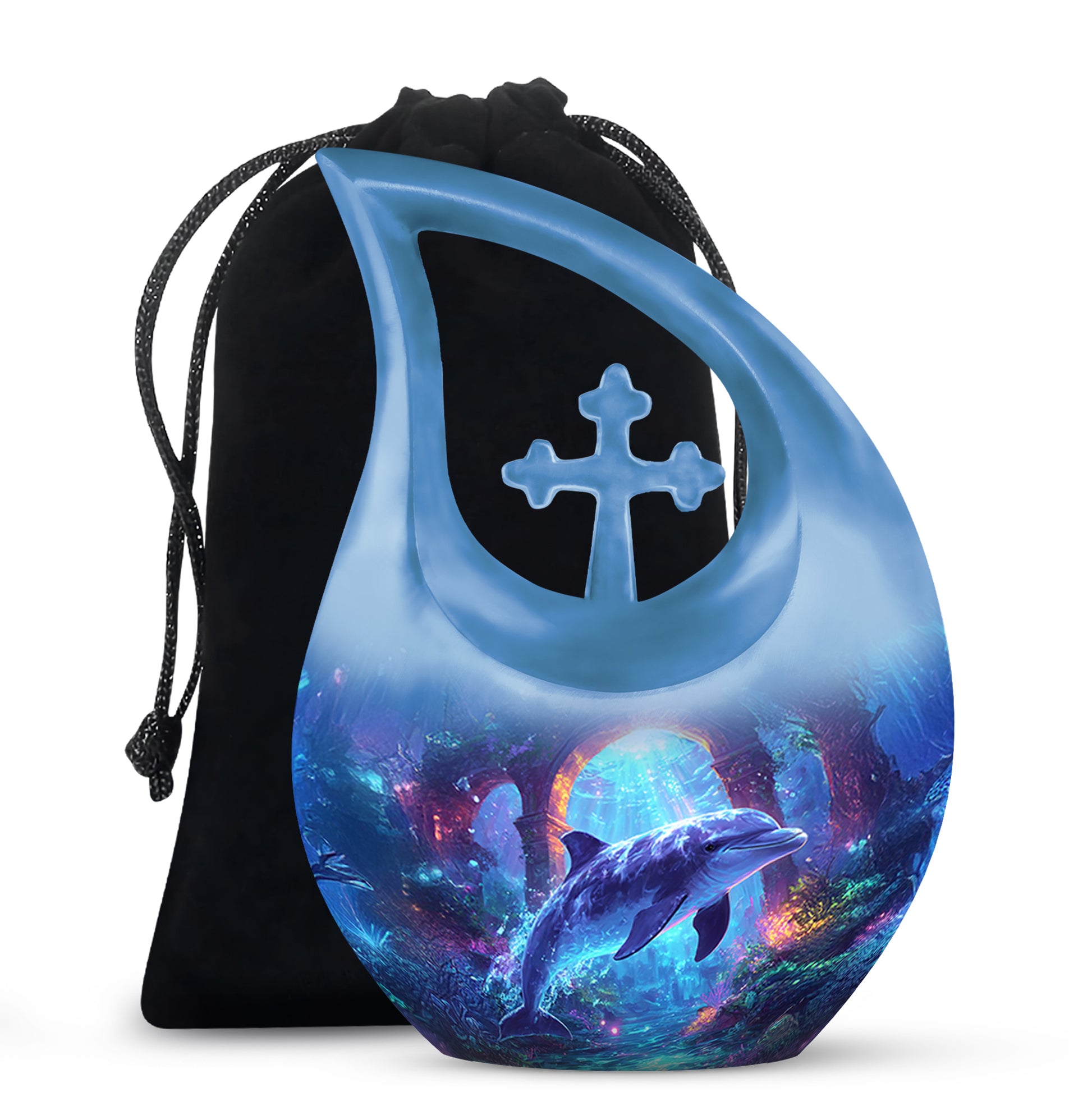Celestial Blue Dolphin Cremation Urn top-down view of secure threaded lid - cross and dolphin combined in spiritual memorial design - full-size 10 inch 200 cubic inch adult cremation urn