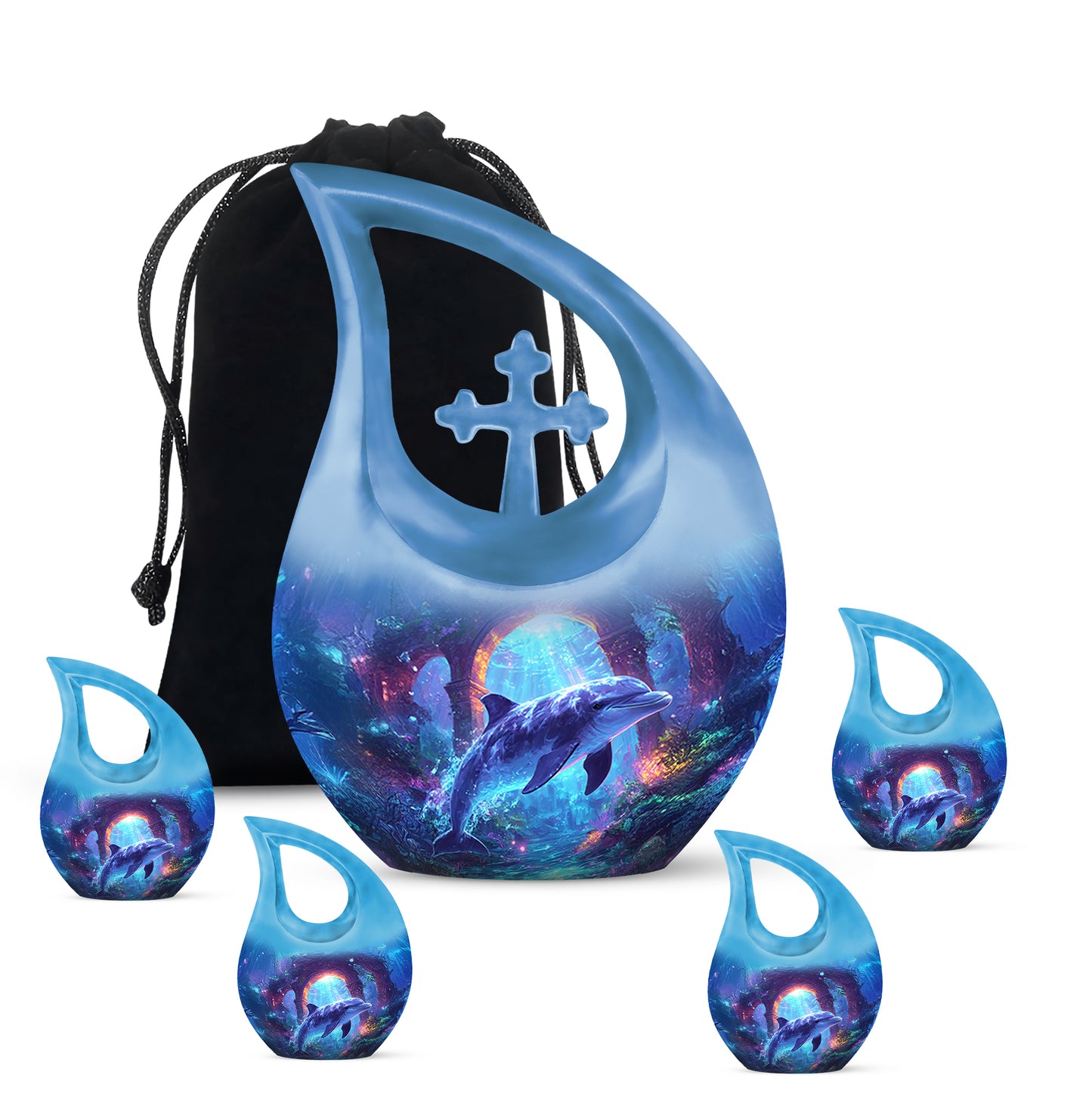 Twilight Blue Dolphin Cremation Urn urn with complimentary velvet bag - faith-inspired cross-drop urn with dolphin pattern - memorial set with one large and four small urns