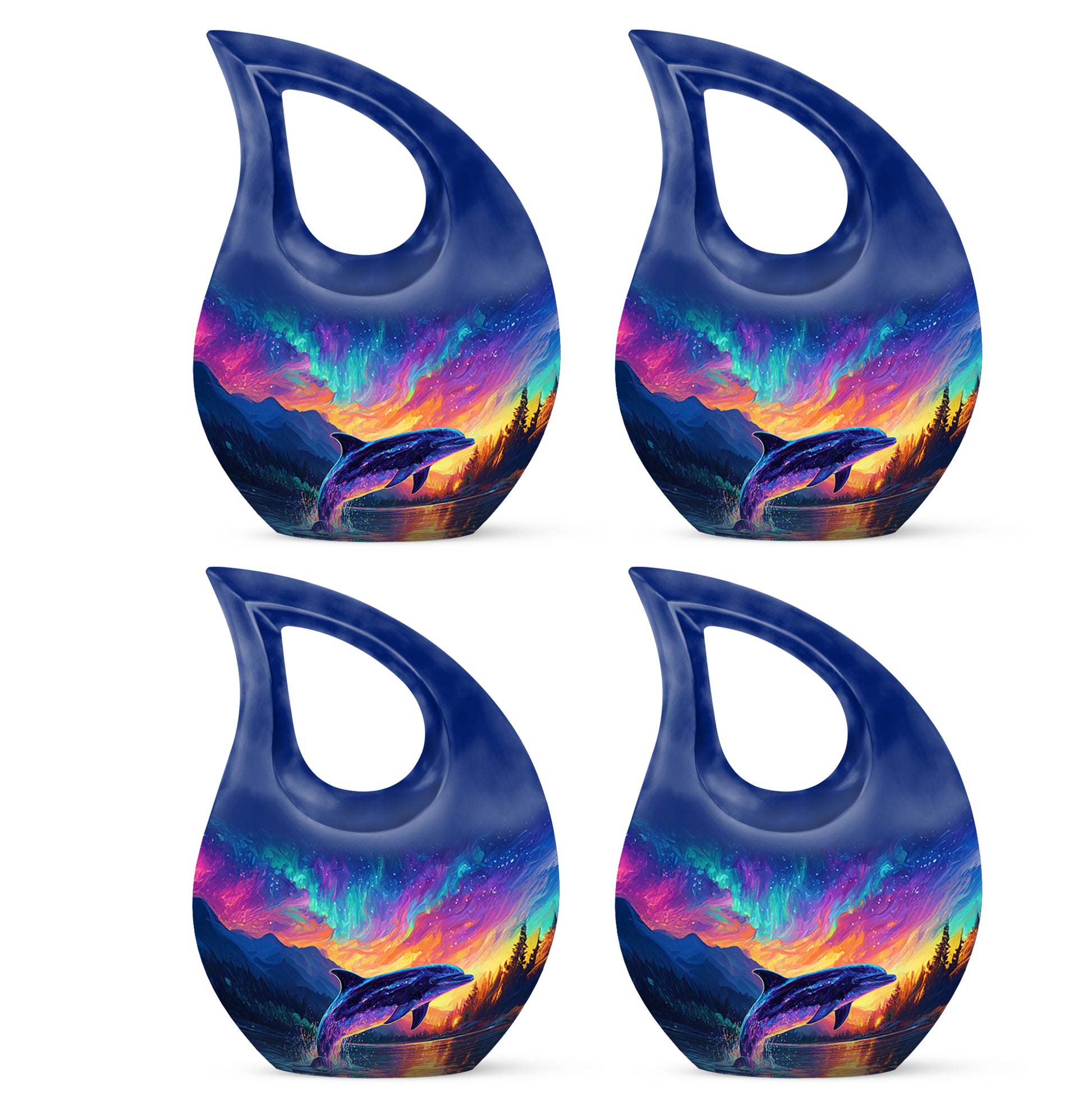 Steel Blue Dolphin Cremation Urn lifestyle display on memorial shelf - devotional cross-drop dolphin engraving - 10 inch aluminum urn for cremated remains