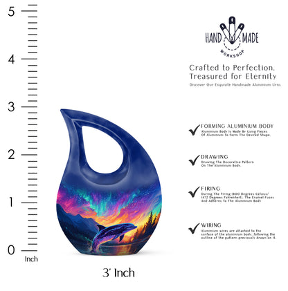 Celestial Blue Dolphin Cremation Urn back view with polished surface - sacred cross merged with dolphin motif on metal - mini keepsake memorial for portion of cremation ashes