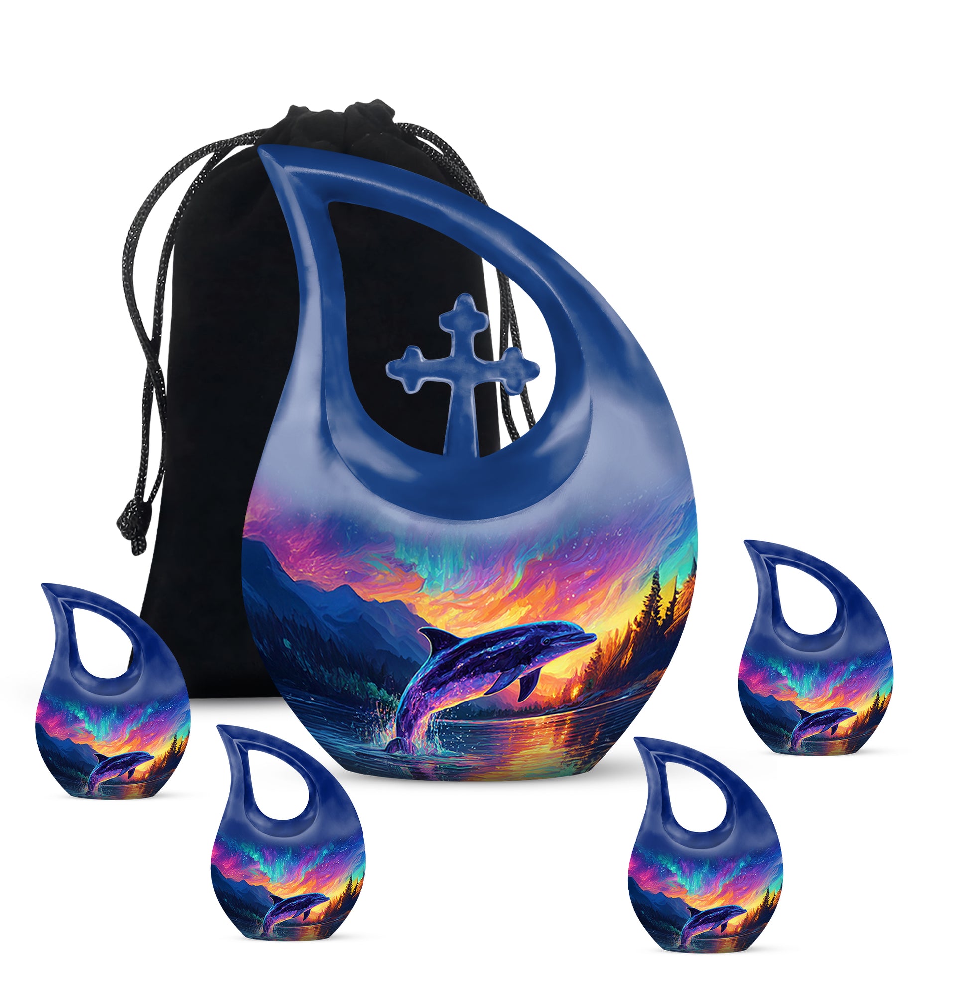 Calming Blue Dolphin Cremation Urn urn with complimentary velvet bag - faith-inspired cross-drop urn with dolphin pattern - memorial set with one large and four small urns