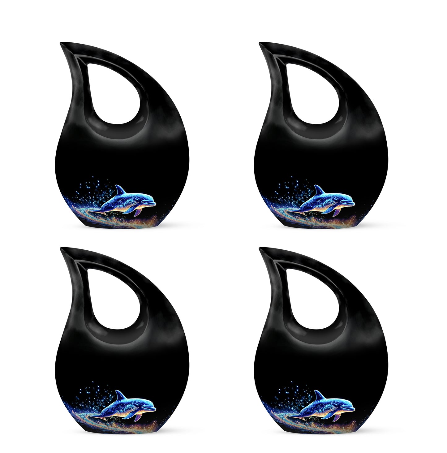 Ebony Dolphin Cremation Urn lifestyle display on memorial shelf - sacred cross merged with dolphin motif on metal - 10 inch aluminum urn for cremated remains