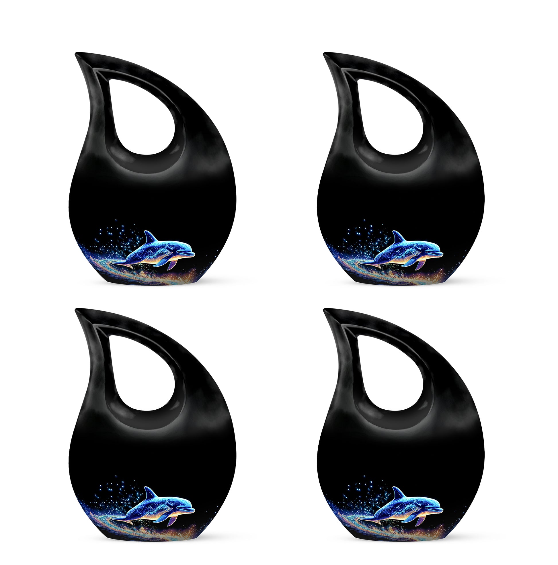 Ebony Dolphin Cremation Urn lifestyle display on memorial shelf - sacred cross merged with dolphin motif on metal - 10 inch aluminum urn for cremated remains