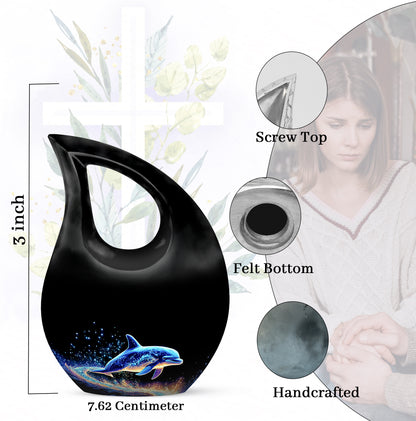 Midnight Black Dolphin Cremation Urn back view with polished surface - devotional cross-drop dolphin engraving - mini keepsake memorial for portion of cremation ashes