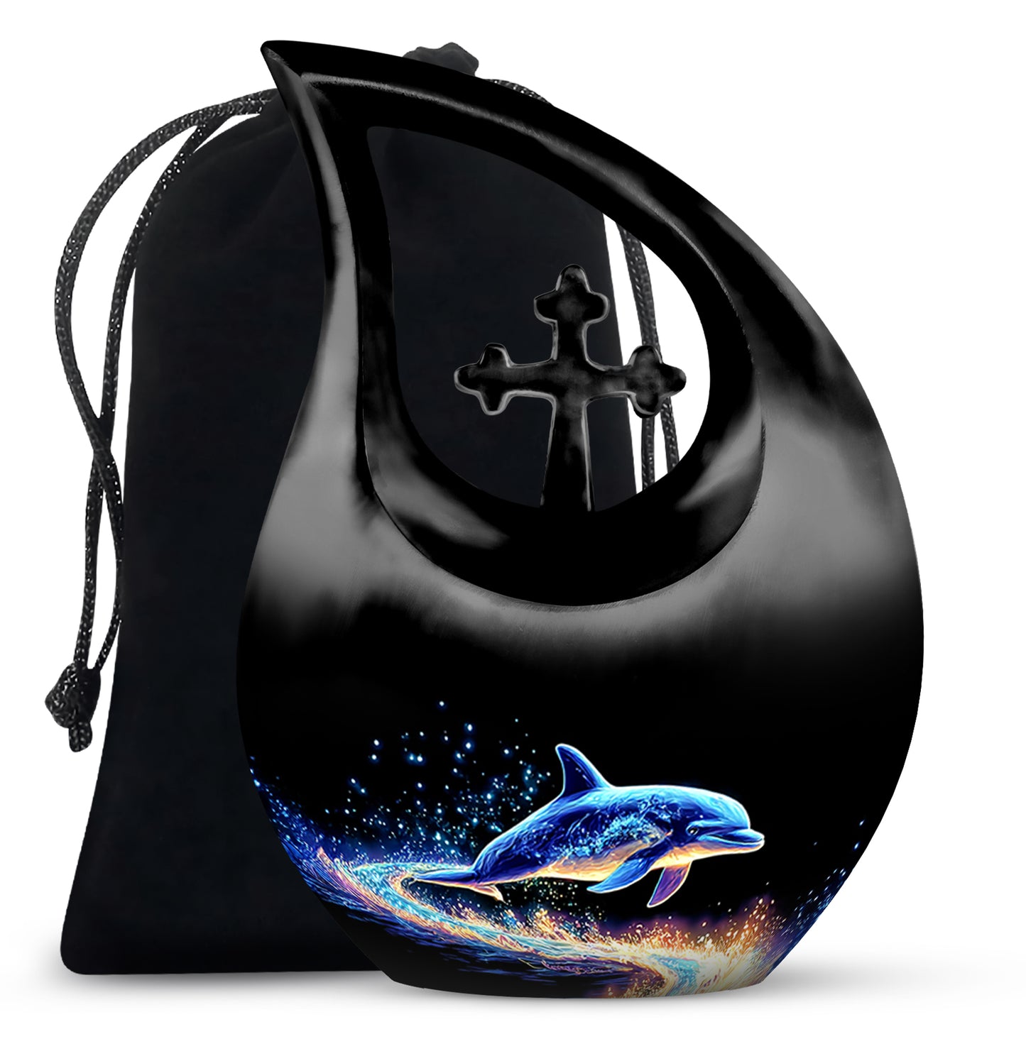 Midnight Black Dolphin Cremation Urn top-down view of secure threaded lid - devotional cross-drop dolphin engraving - full-size 10 inch 200 cubic inch adult cremation urn
