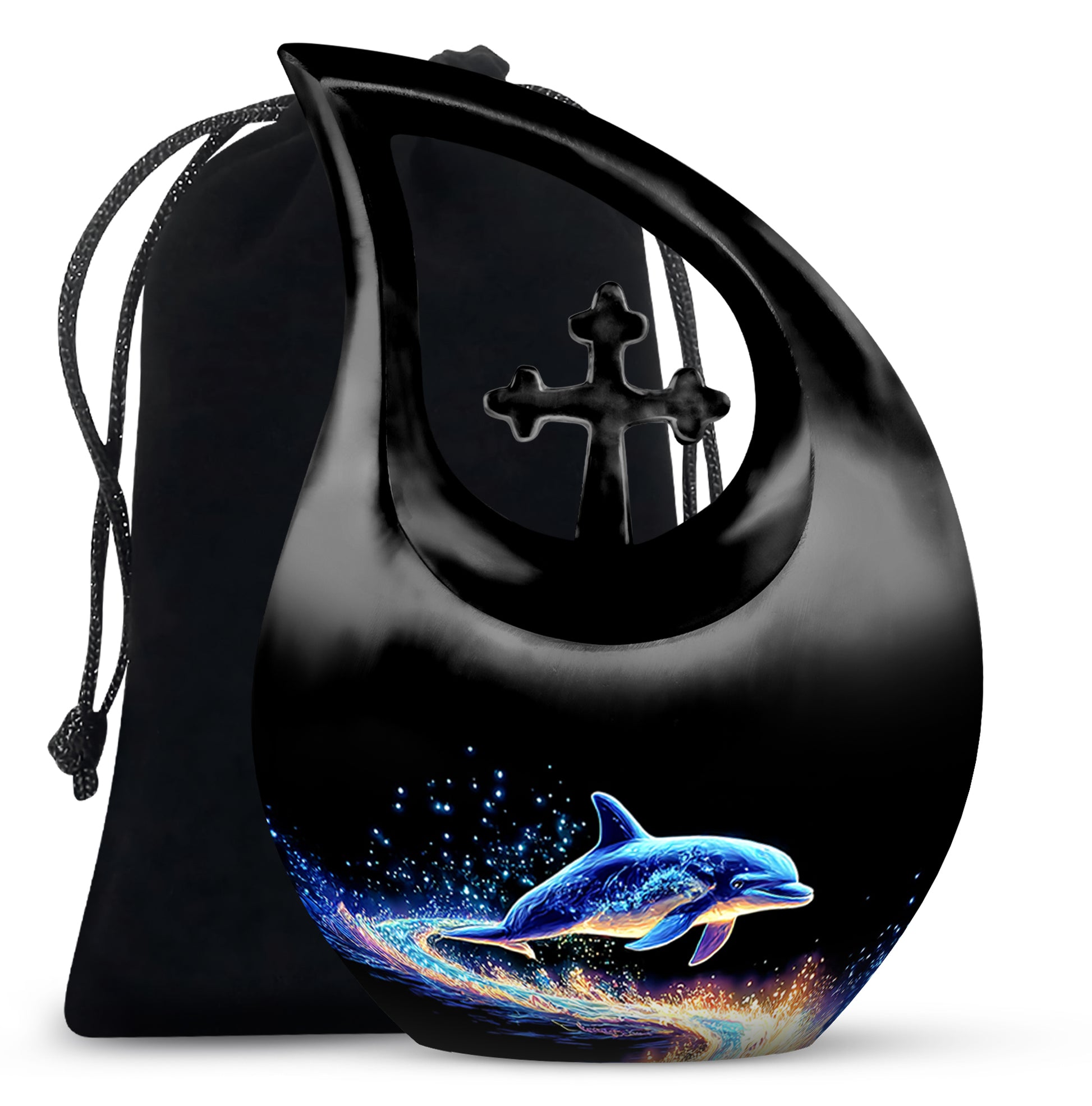 Midnight Black Dolphin Cremation Urn top-down view of secure threaded lid - devotional cross-drop dolphin engraving - full-size 10 inch 200 cubic inch adult cremation urn