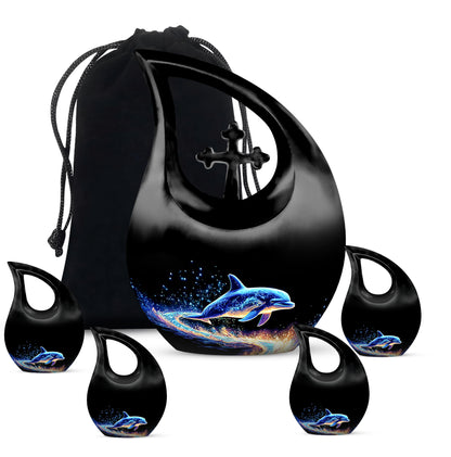 Obsidian Black Dolphin Cremation Urn urn with complimentary velvet bag - devotional cross-drop dolphin engraving - memorial set with one large and four small urns