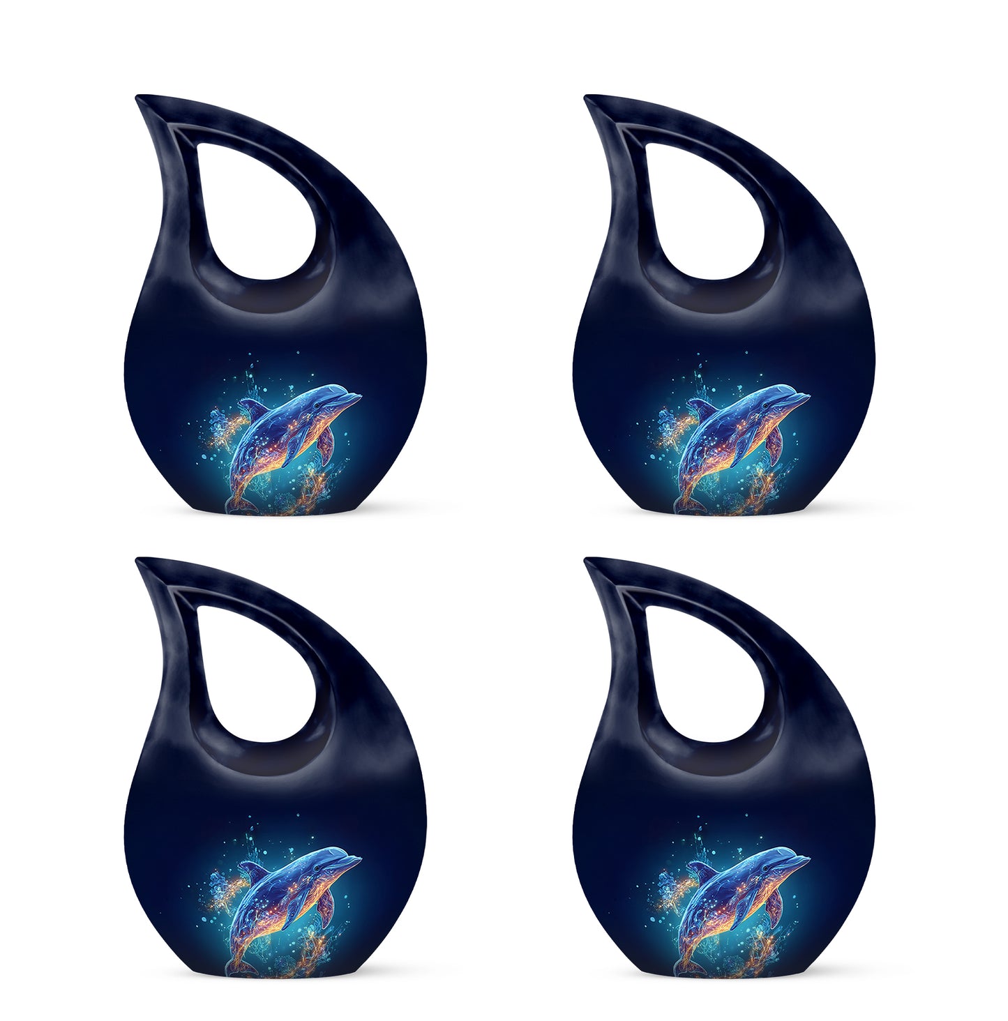 Indigo Dolphin Cremation Urn lifestyle display on memorial shelf - cross and dolphin combined in spiritual memorial design - 10 inch aluminum urn for cremated remains