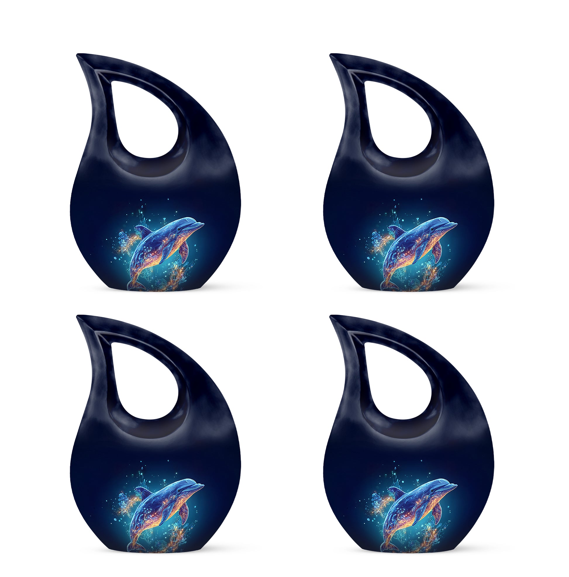 Indigo Dolphin Cremation Urn lifestyle display on memorial shelf - cross and dolphin combined in spiritual memorial design - 10 inch aluminum urn for cremated remains