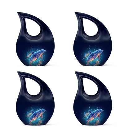 Indigo Dolphin Cremation Urn lifestyle display on memorial shelf - cross and dolphin combined in spiritual memorial design - 10 inch aluminum urn for cremated remains