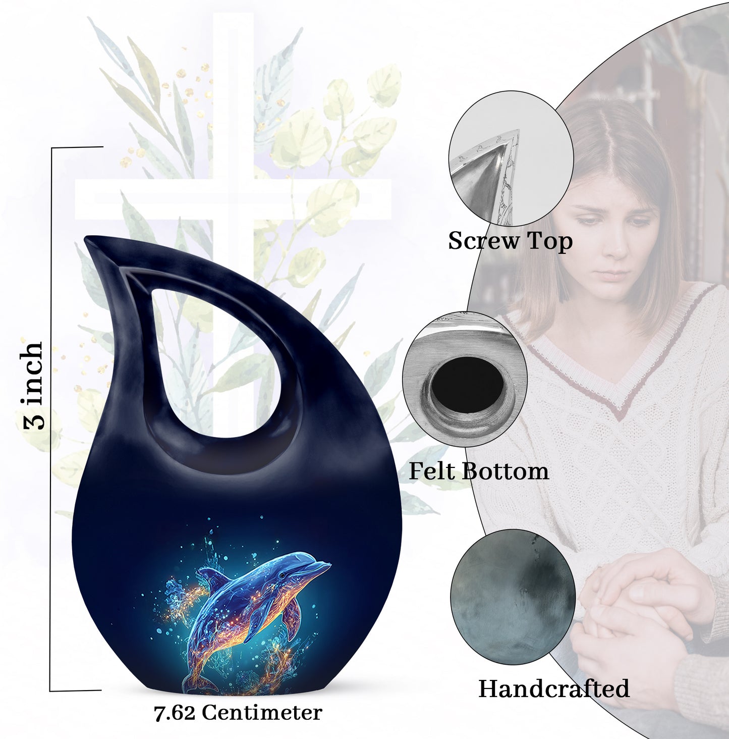 Twilight Blue Dolphin Cremation Urn back view with polished surface - devotional cross-drop dolphin engraving - mini keepsake memorial for portion of cremation ashes