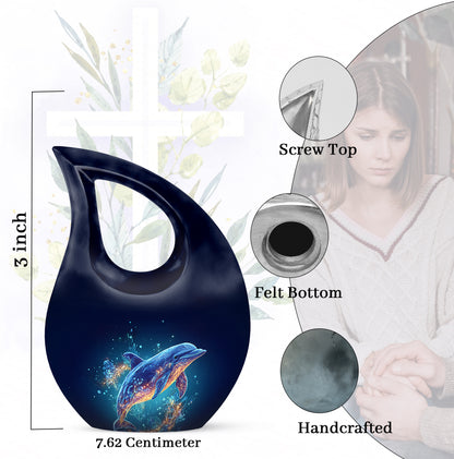 Twilight Blue Dolphin Cremation Urn back view with polished surface - devotional cross-drop dolphin engraving - mini keepsake memorial for portion of cremation ashes