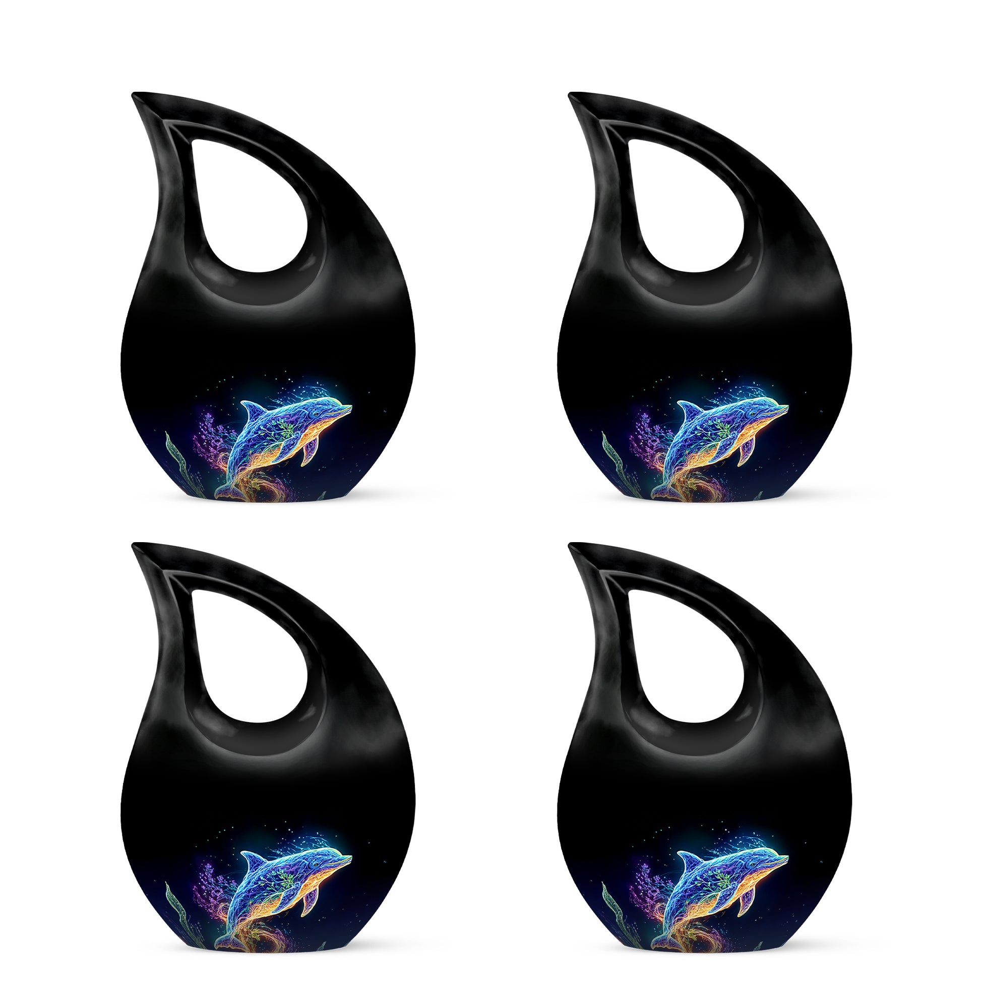 Midnight Black Dolphin Cremation Urn lifestyle display on memorial shelf - faith-inspired cross-drop urn with dolphin pattern - 10 inch aluminum urn for cremated remains