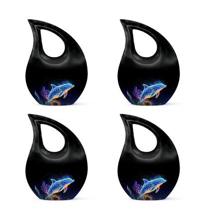 Midnight Black Dolphin Cremation Urn lifestyle display on memorial shelf - faith-inspired cross-drop urn with dolphin pattern - 10 inch aluminum urn for cremated remains
