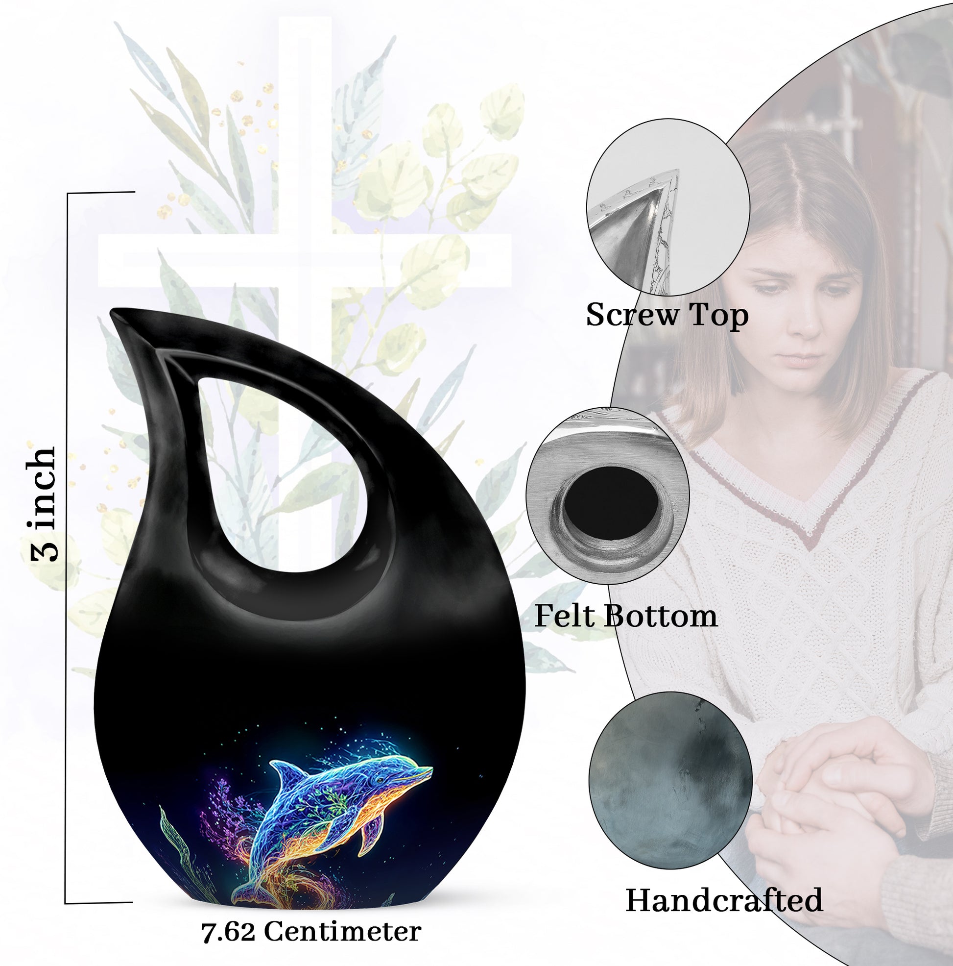 Obsidian Black Dolphin Cremation Urn back view with polished surface - faith-inspired cross-drop urn with dolphin pattern - mini keepsake memorial for portion of cremation ashes