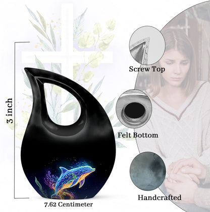 Obsidian Black Dolphin Cremation Urn back view with polished surface - faith-inspired cross-drop urn with dolphin pattern - mini keepsake memorial for portion of cremation ashes