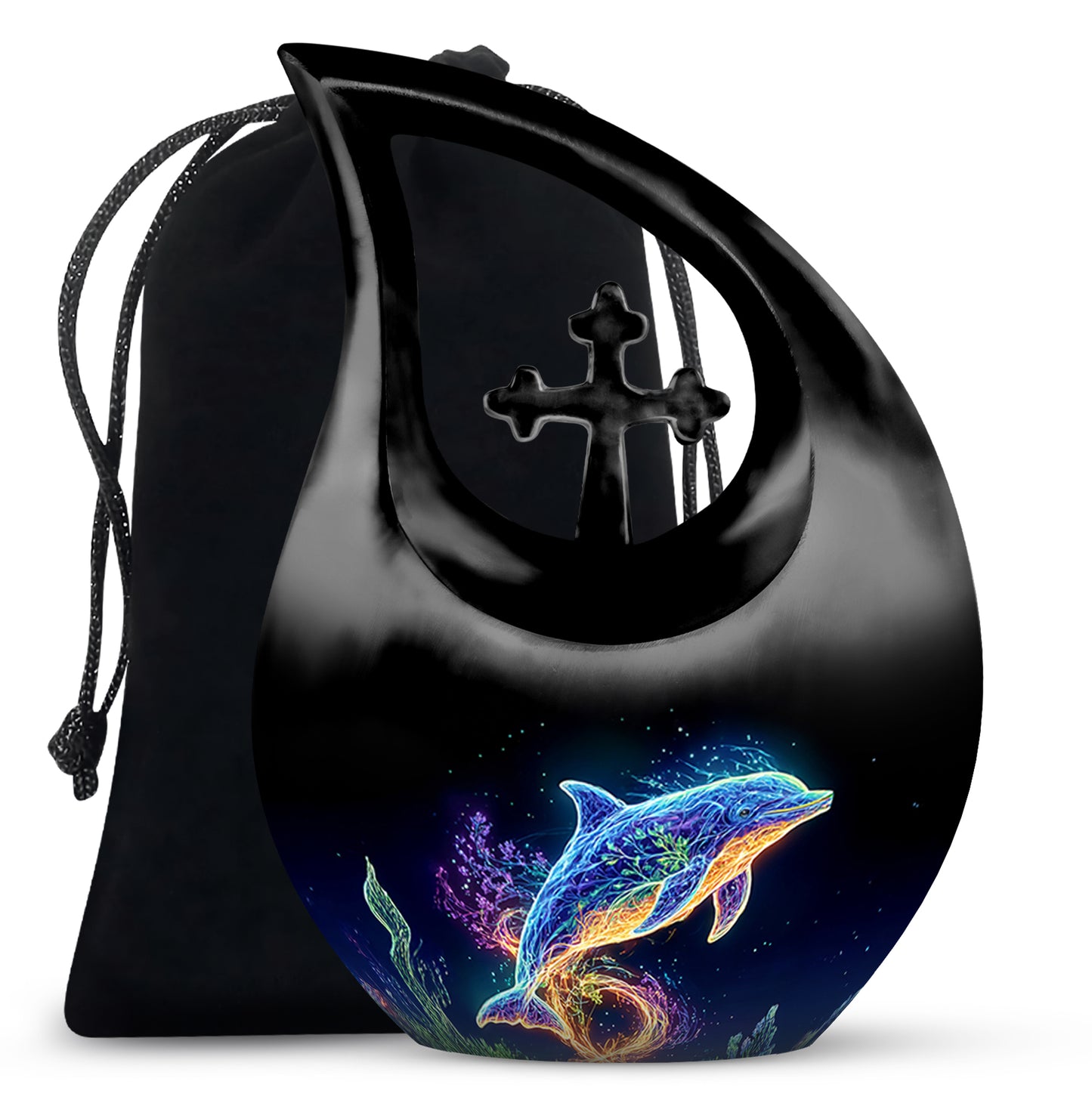 Deep Black Dolphin Cremation Urn top-down view of secure threaded lid - cross and dolphin combined in spiritual memorial design - full-size 10 inch 200 cubic inch adult cremation urn