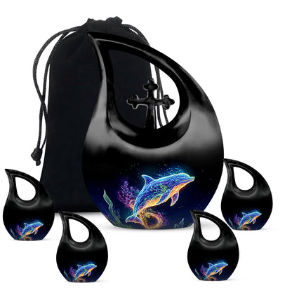 Onyx Black Dolphin Cremation Urn urn with complimentary velvet bag - devotional cross-drop dolphin engraving - memorial set with one large and four small urns