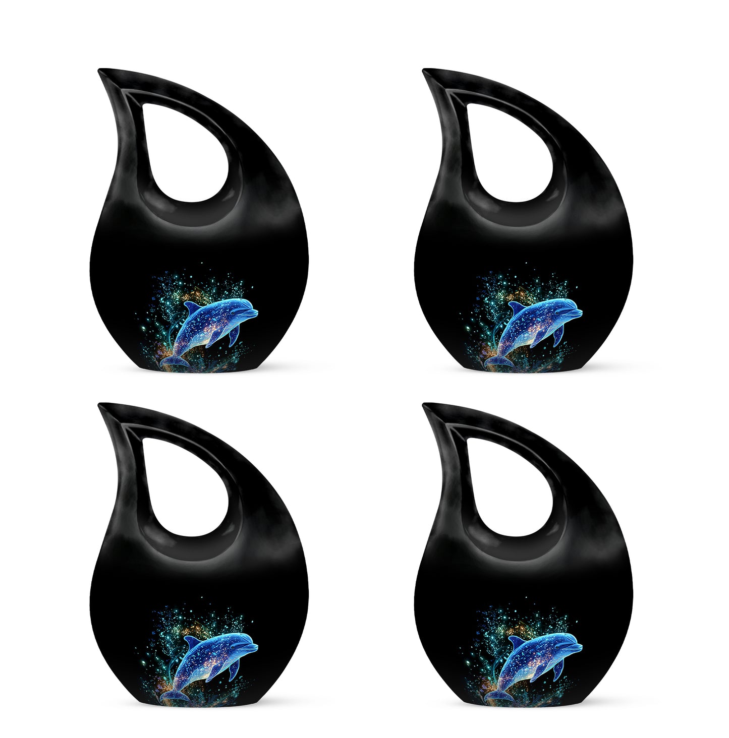 Glossy Black Dolphin Cremation Urn lifestyle display on memorial shelf - cross and dolphin combined in spiritual memorial design - 10 inch aluminum urn for cremated remains