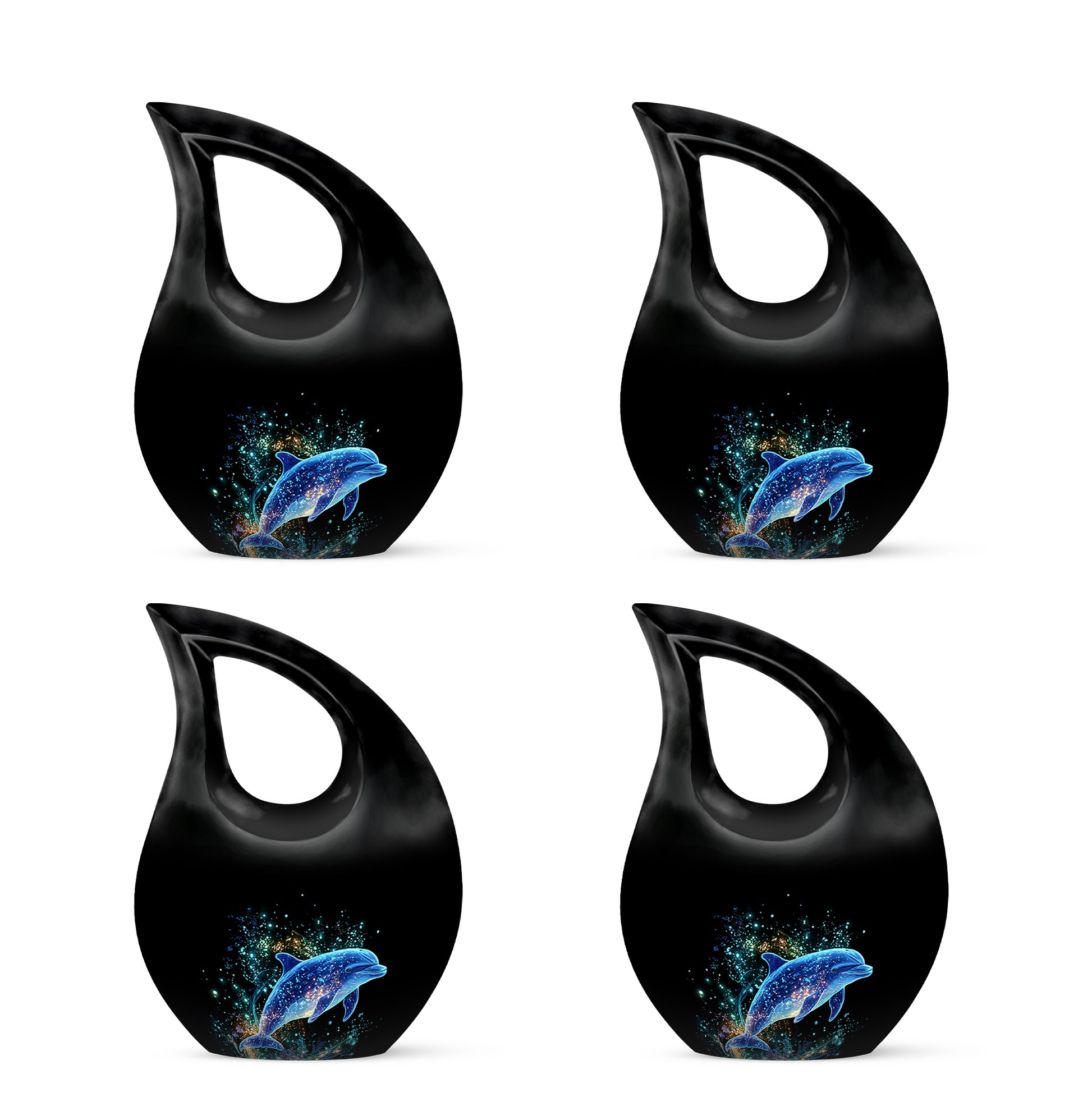Glossy Black Dolphin Cremation Urn lifestyle display on memorial shelf - cross and dolphin combined in spiritual memorial design - 10 inch aluminum urn for cremated remains
