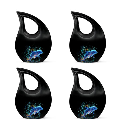 Glossy Black Dolphin Cremation Urn lifestyle display on memorial shelf - cross and dolphin combined in spiritual memorial design - 10 inch aluminum urn for cremated remains