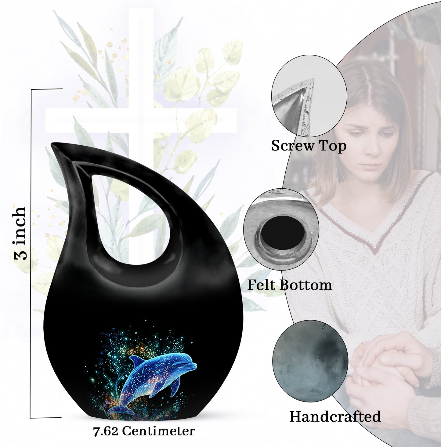 Onyx Black Dolphin Cremation Urn back view with polished surface - devotional cross-drop dolphin engraving - mini keepsake memorial for portion of cremation ashes