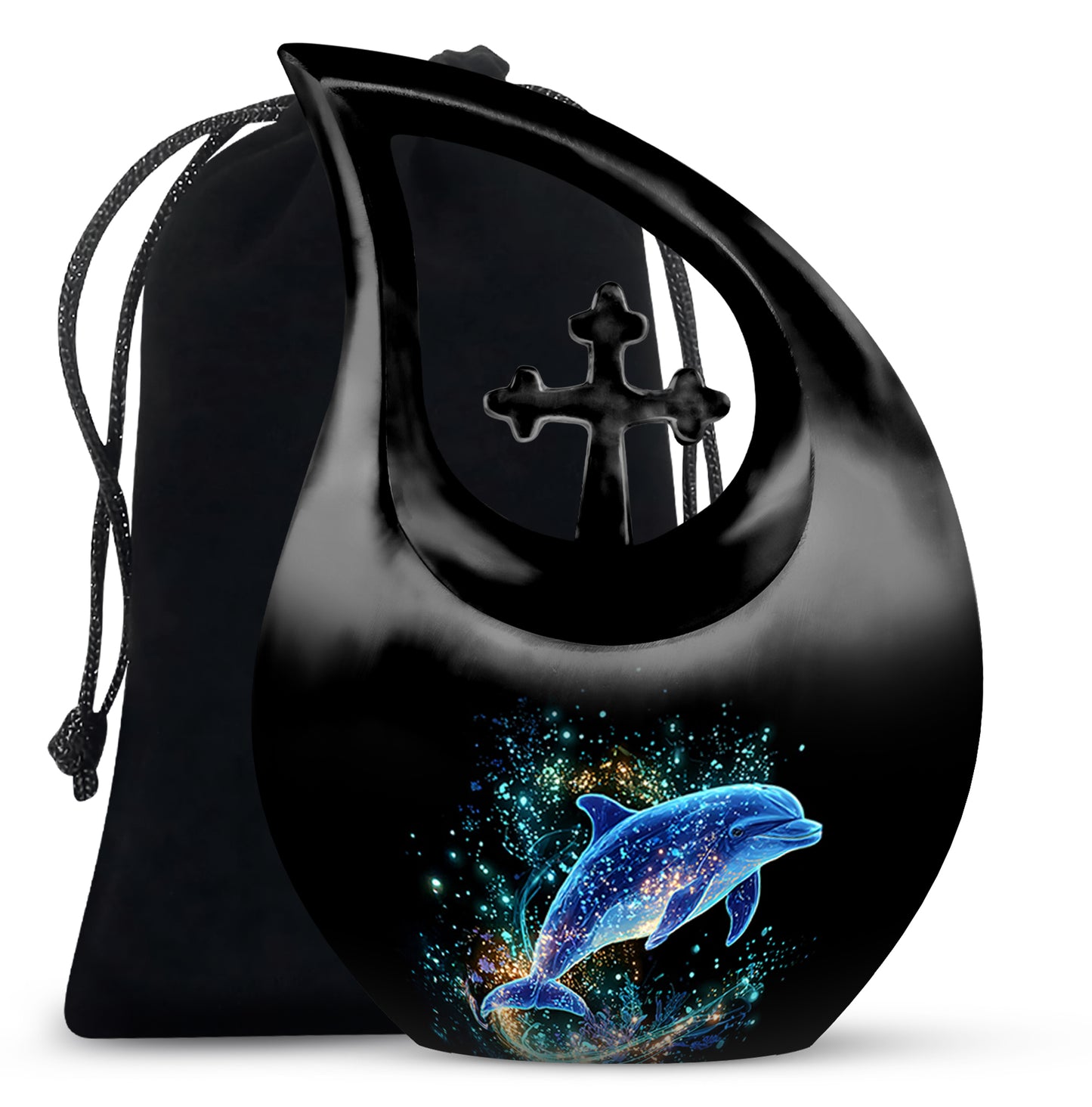 Rich Black Dolphin Cremation Urn top-down view of secure threaded lid - cross and dolphin combined in spiritual memorial design - full-size 10 inch 200 cubic inch adult cremation urn