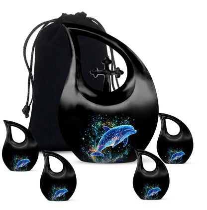 Obsidian Black Dolphin Cremation Urn urn with complimentary velvet bag - faith-inspired cross-drop urn with dolphin pattern - memorial set with one large and four small urns