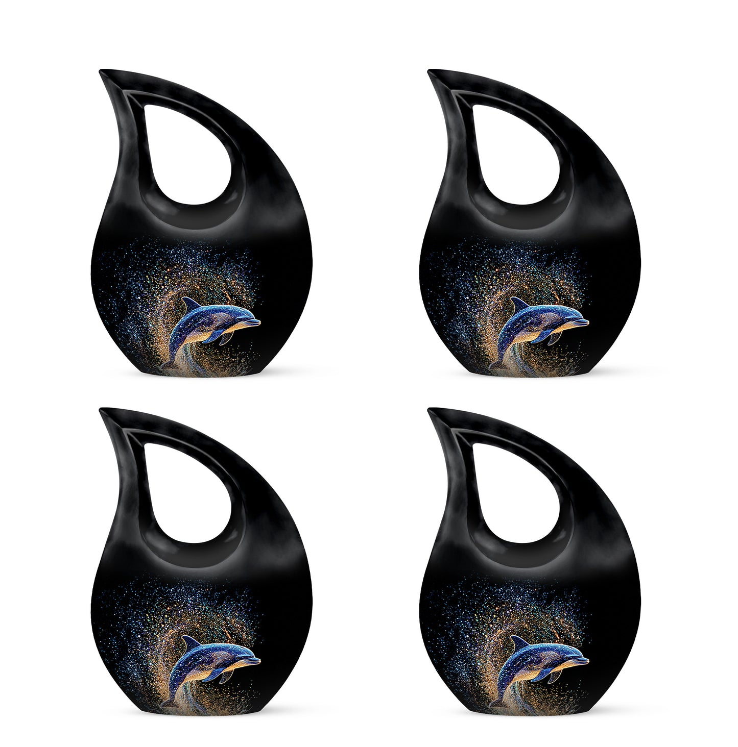 Dark Black Dolphin Cremation Urn lifestyle display on memorial shelf - devotional cross-drop dolphin engraving - 10 inch aluminum urn for cremated remains