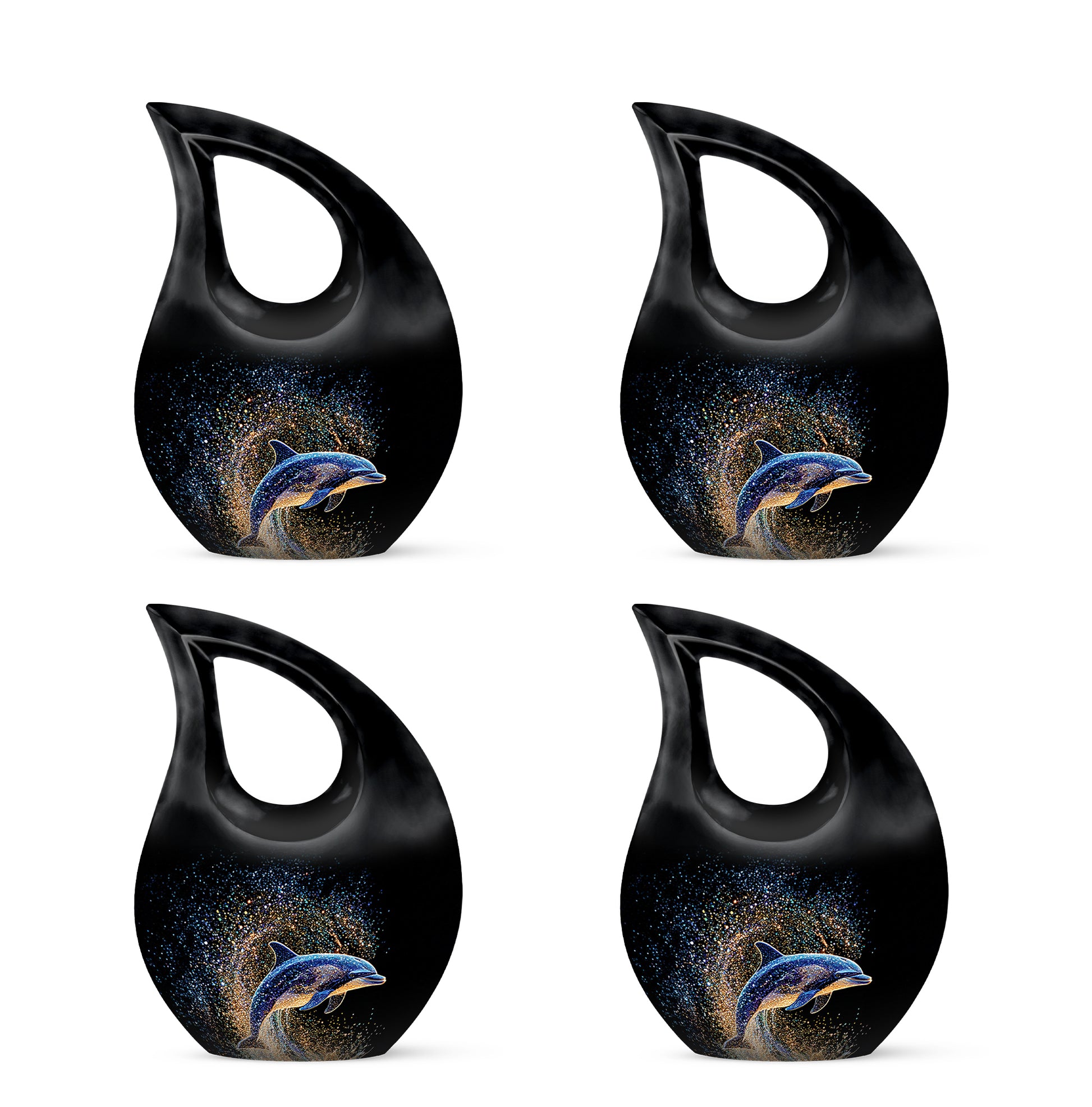 Dark Black Dolphin Cremation Urn lifestyle display on memorial shelf - devotional cross-drop dolphin engraving - 10 inch aluminum urn for cremated remains
