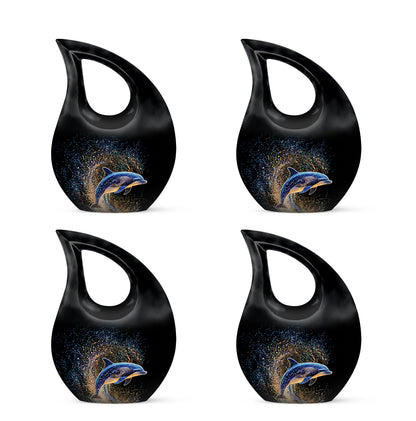 Dark Black Dolphin Cremation Urn lifestyle display on memorial shelf - devotional cross-drop dolphin engraving - 10 inch aluminum urn for cremated remains