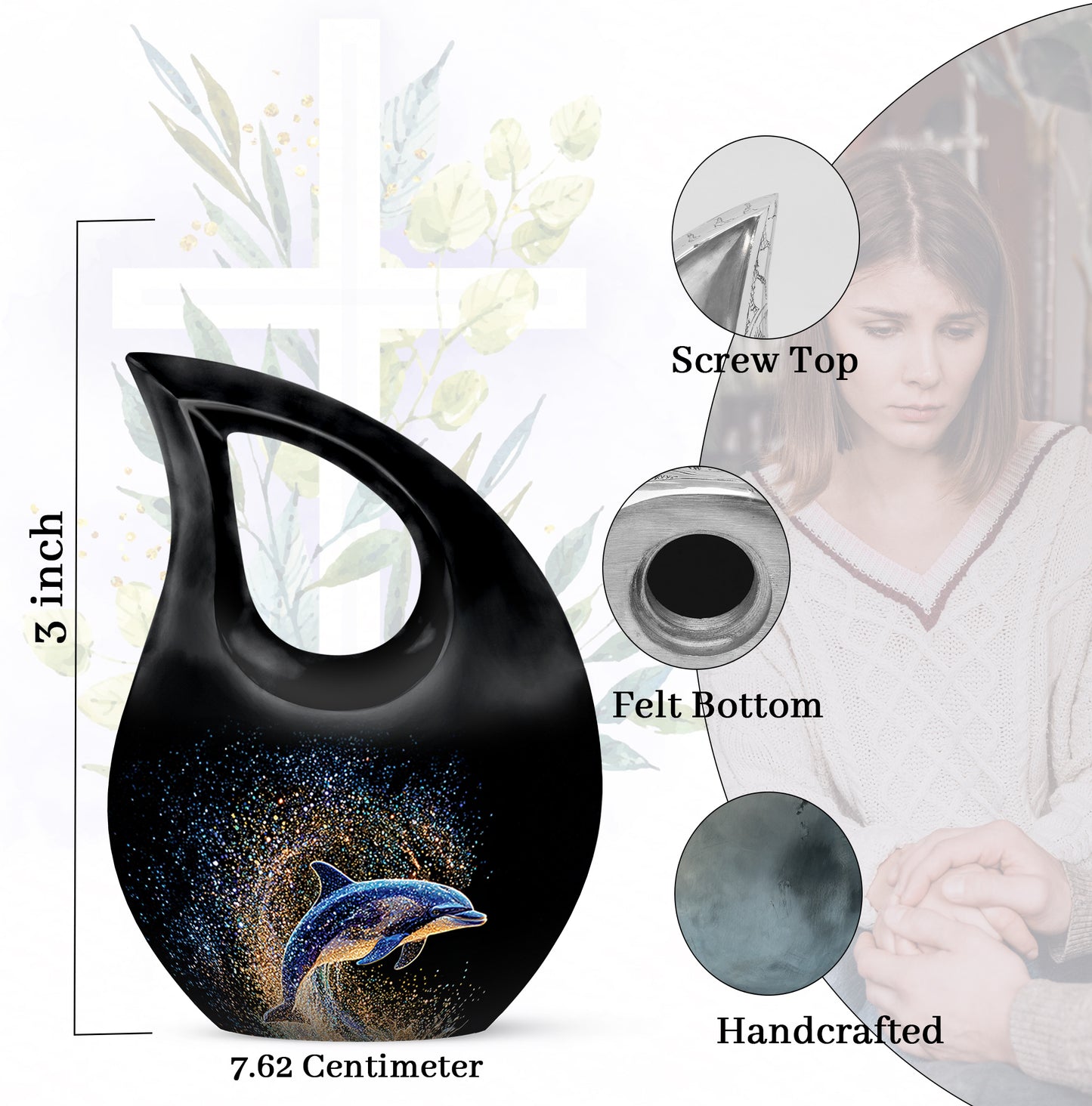 Glossy Black Dolphin Cremation Urn back view with polished surface - sacred cross merged with dolphin motif on metal - mini keepsake memorial for portion of cremation ashes