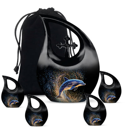 Midnight Black Dolphin Cremation Urn urn with complimentary velvet bag - devotional cross-drop dolphin engraving - memorial set with one large and four small urns