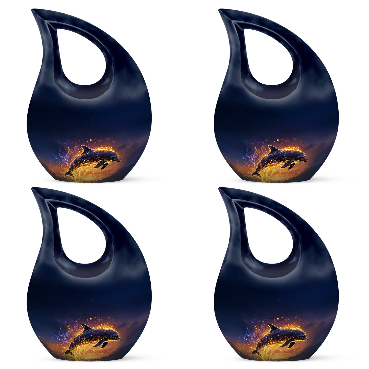 Royal Blue Dolphin Cremation Urn lifestyle display on memorial shelf - faith-inspired cross-drop urn with dolphin pattern - 10 inch aluminum urn for cremated remains