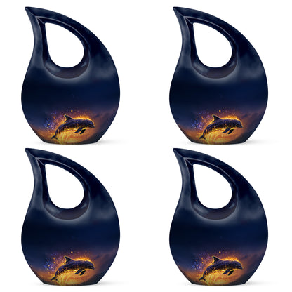 Royal Blue Dolphin Cremation Urn lifestyle display on memorial shelf - faith-inspired cross-drop urn with dolphin pattern - 10 inch aluminum urn for cremated remains