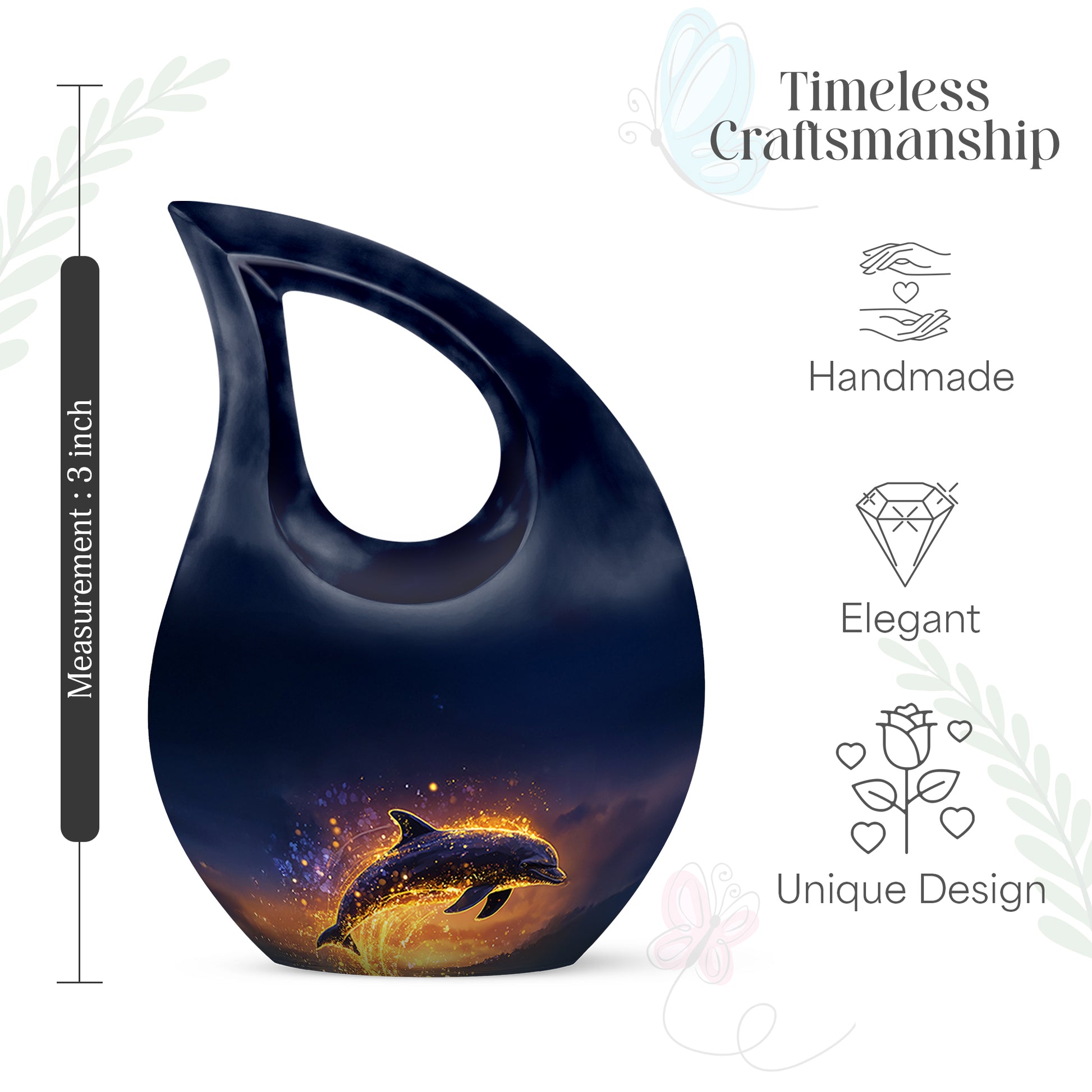 Sapphire Blue Dolphin Cremation Urn back view with polished surface - faith-inspired cross-drop urn with dolphin pattern - mini keepsake memorial for portion of cremation ashes