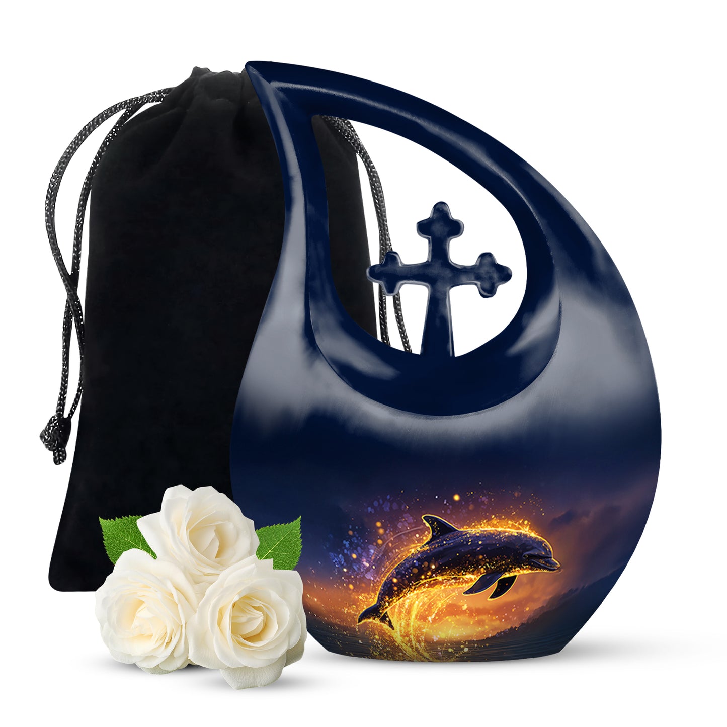 Pastel Blue Dolphin Cremation Urn top-down view of secure threaded lid - sacred cross merged with dolphin motif on metal - full-size 10 inch 200 cubic inch adult cremation urn