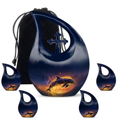 Navy Blue Dolphin Cremation Urn urn with complimentary velvet bag - cross and dolphin combined in spiritual memorial design - memorial set with one large and four small urns