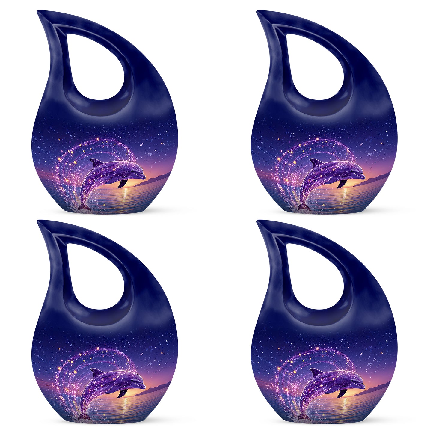 Cornflower Blue Dolphin Cremation Urn lifestyle display on memorial shelf - faith-inspired cross-drop urn with dolphin pattern - 10 inch aluminum urn for cremated remains