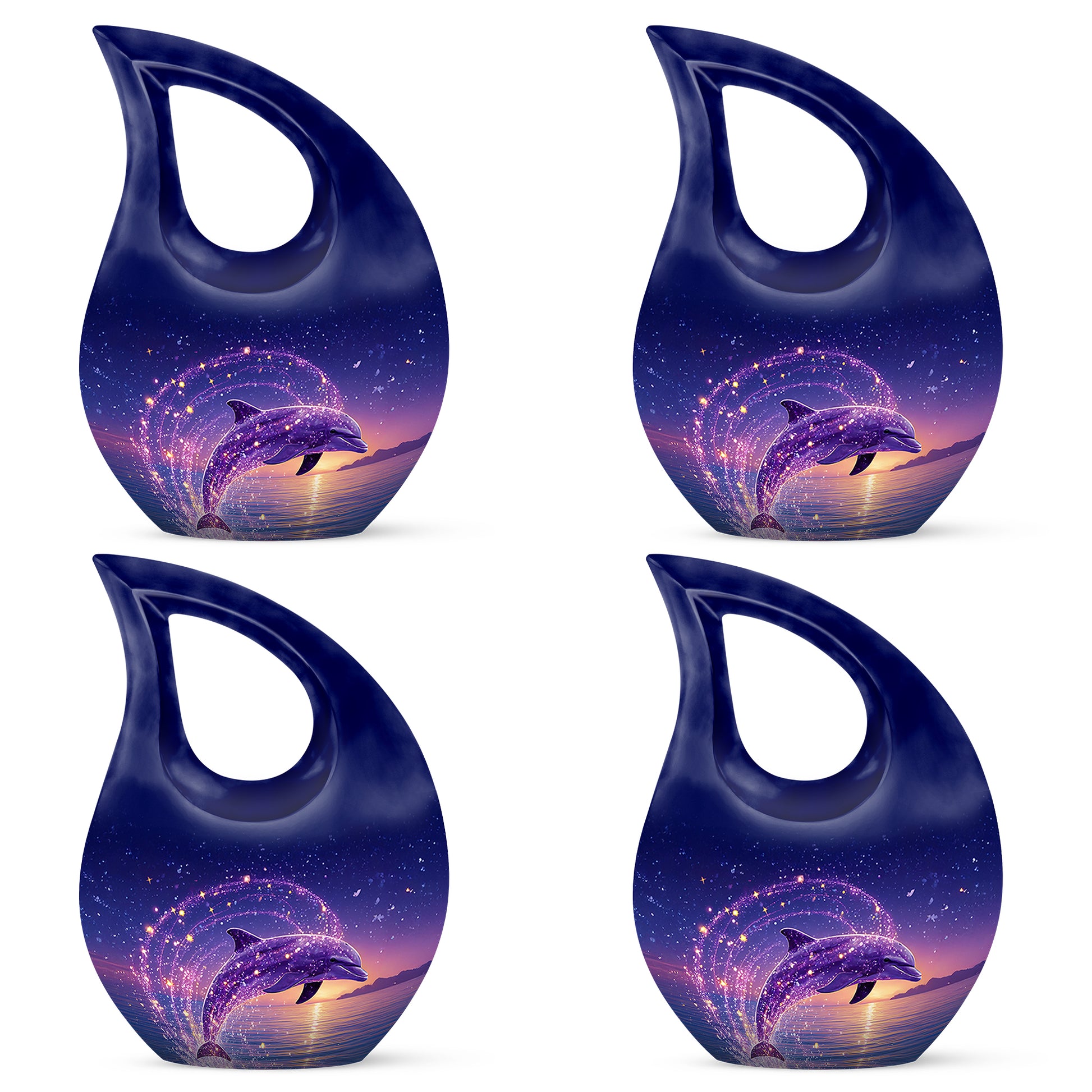 Cornflower Blue Dolphin Cremation Urn lifestyle display on memorial shelf - faith-inspired cross-drop urn with dolphin pattern - 10 inch aluminum urn for cremated remains