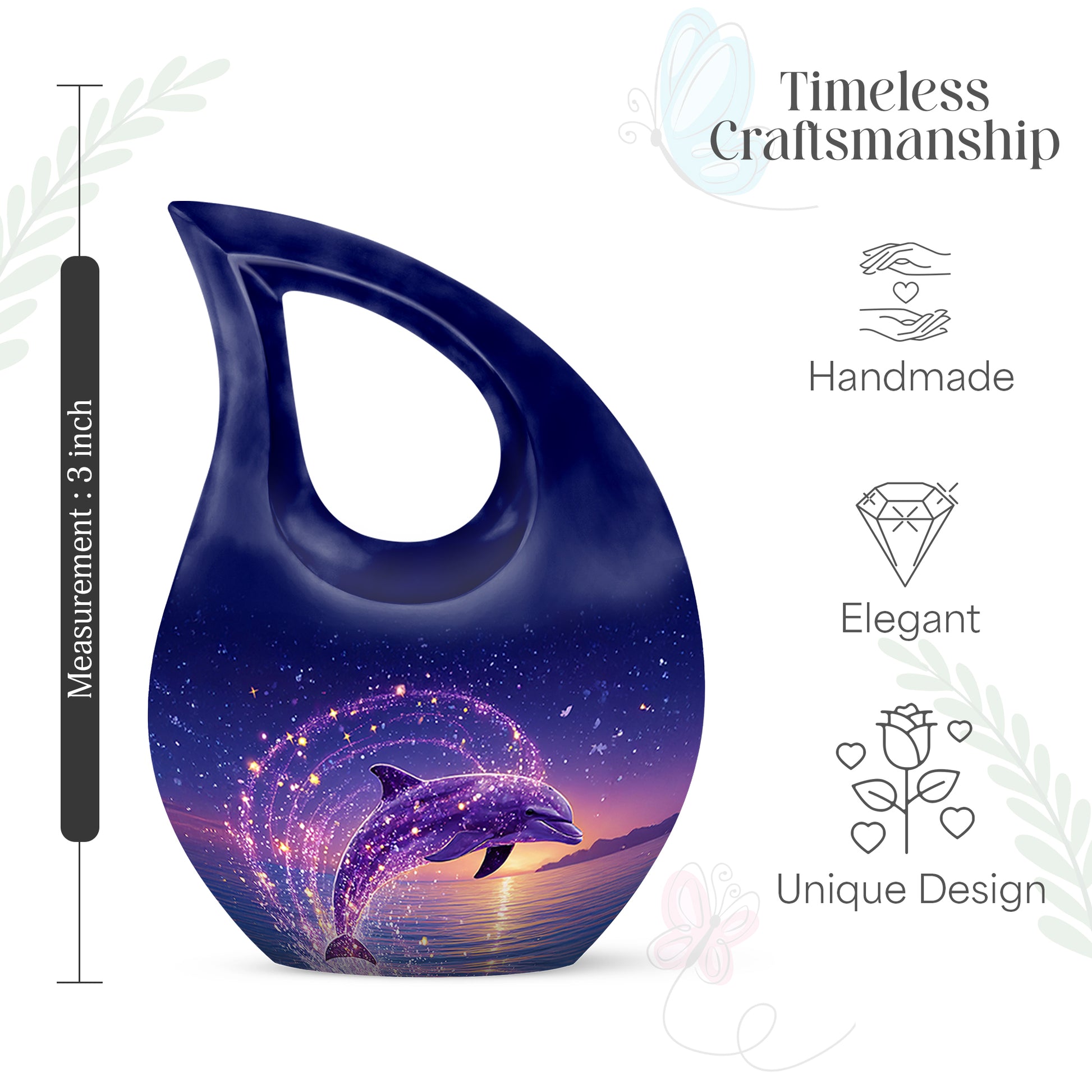 Twilight Blue Dolphin Cremation Urn back view with polished surface - devotional cross-drop dolphin engraving - mini keepsake memorial for portion of cremation ashes