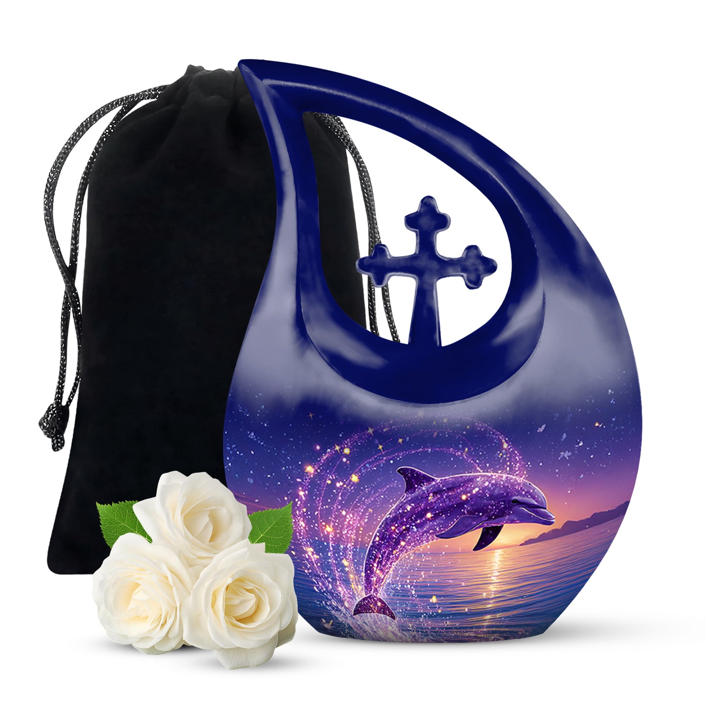 Misty Blue Dolphin Cremation Urn top-down view of secure threaded lid - sacred cross merged with dolphin motif on metal - full-size 10 inch 200 cubic inch adult cremation urn