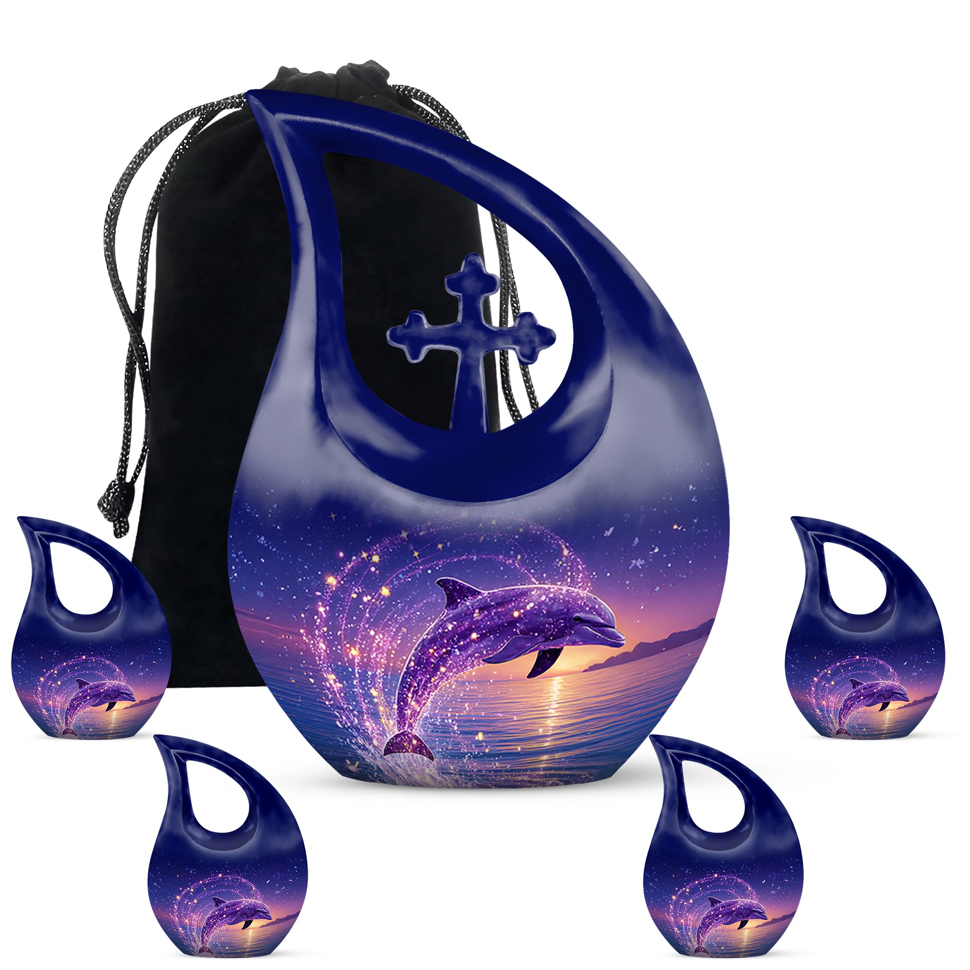 Azure Dolphin Cremation Urn urn with complimentary velvet bag - sacred cross merged with dolphin motif on metal - memorial set with one large and four small urns