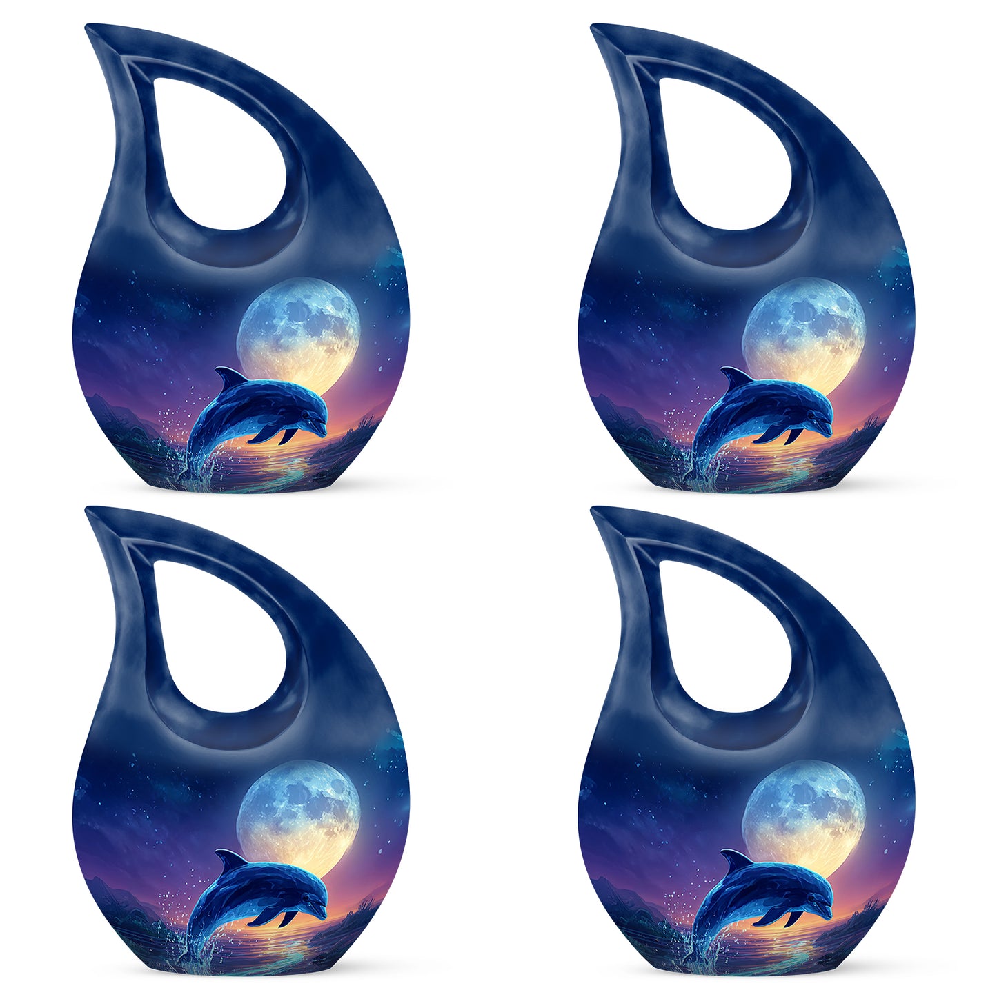 Dusty Blue Dolphin Cremation Urn lifestyle display on memorial shelf - sacred cross merged with dolphin motif on metal - 10 inch aluminum urn for cremated remains
