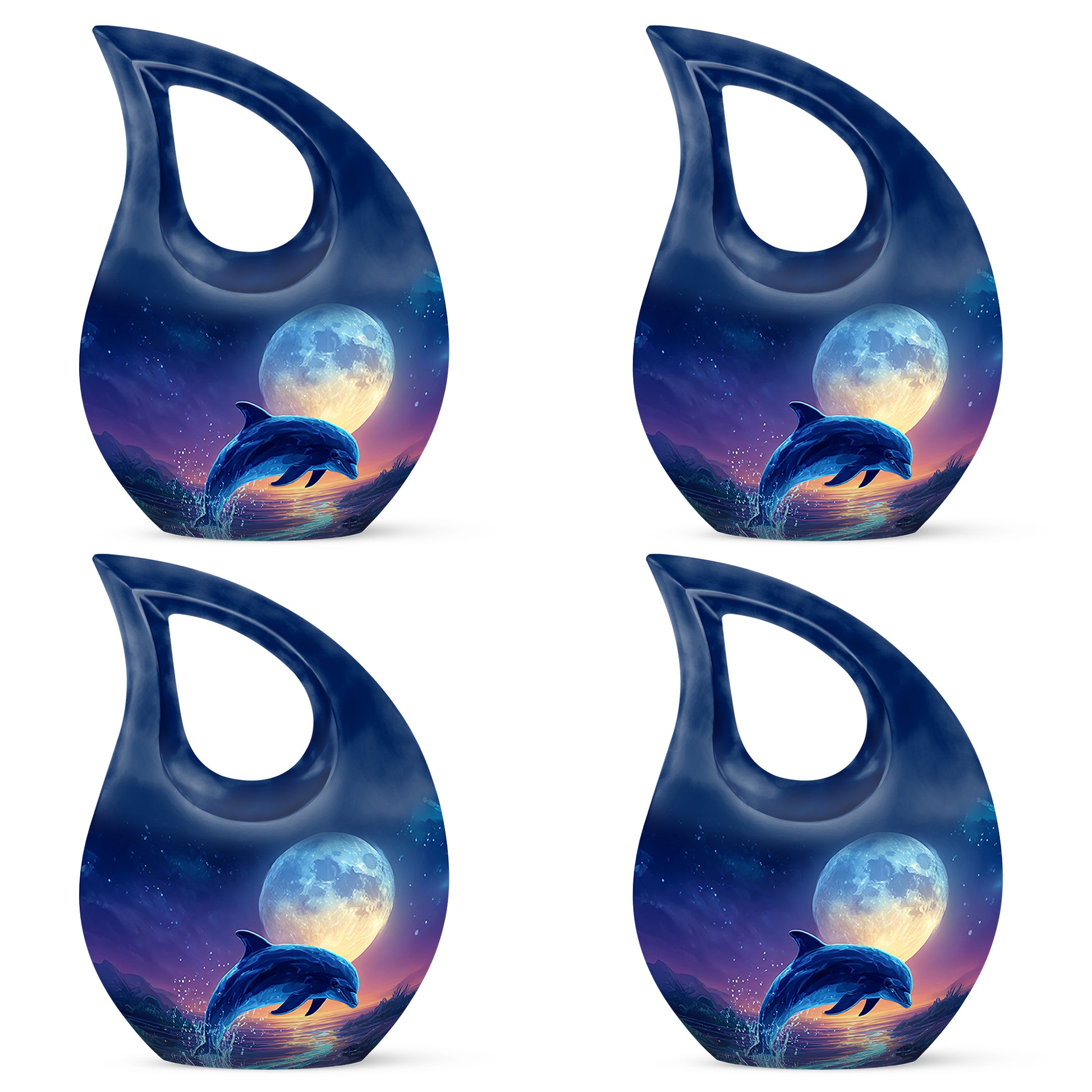 Dusty Blue Dolphin Cremation Urn lifestyle display on memorial shelf - sacred cross merged with dolphin motif on metal - 10 inch aluminum urn for cremated remains