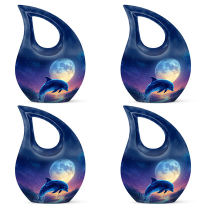 Dusty Blue Dolphin Cremation Urn lifestyle display on memorial shelf - sacred cross merged with dolphin motif on metal - 10 inch aluminum urn for cremated remains