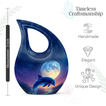Steel Blue Dolphin Cremation Urn back view with polished surface - devotional cross-drop dolphin engraving - mini keepsake memorial for portion of cremation ashes