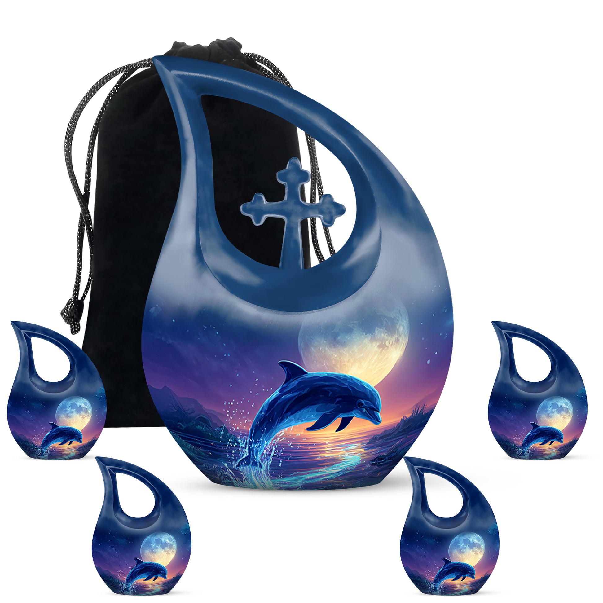 Navy Blue Dolphin Cremation Urn urn with complimentary velvet bag - cross and dolphin combined in spiritual memorial design - memorial set with one large and four small urns